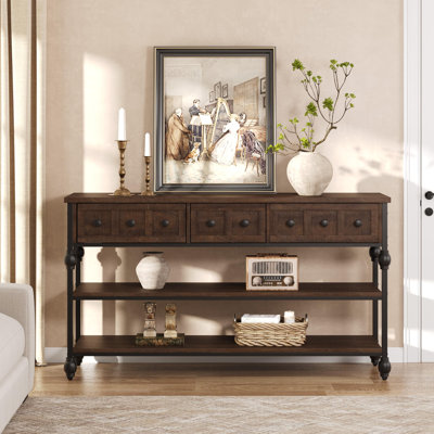 Console étroite 52,5 po pour le hall d'entrée | 3 tiroirs de rangement et 2 tablettes ouvertes, pieds à colonnes romaines, maison de ferme industrielle, pour le salon, le couloir ou le vestibule