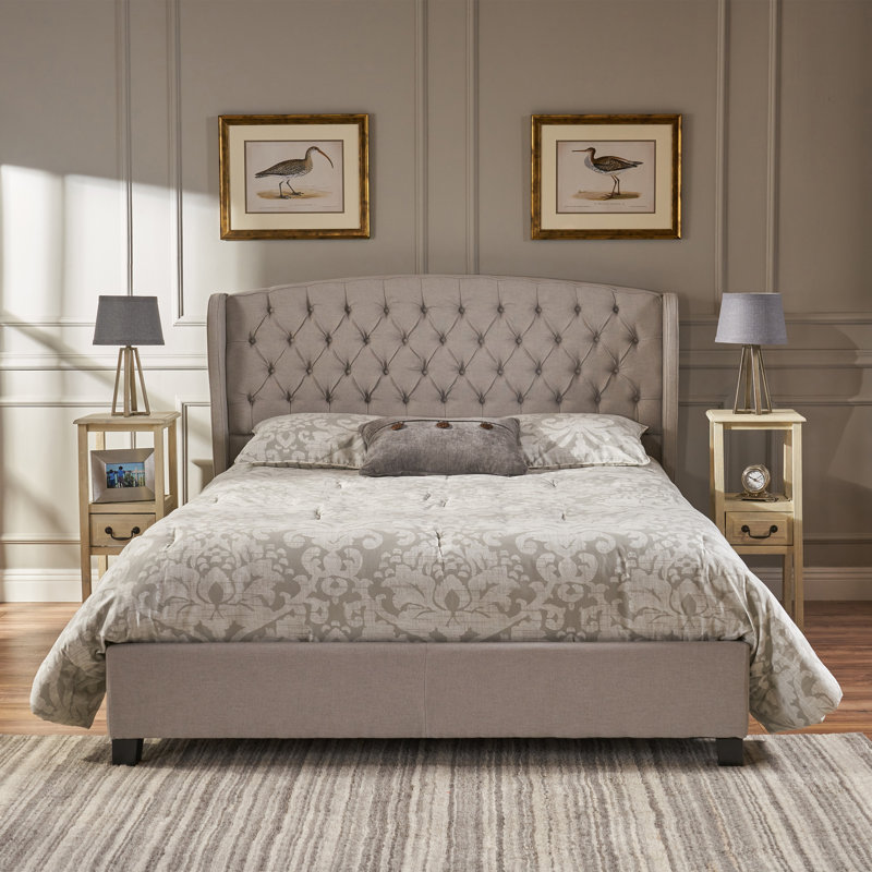 Grand lit plateforme tapissier capitonné Dominico, Gris clair, Grand