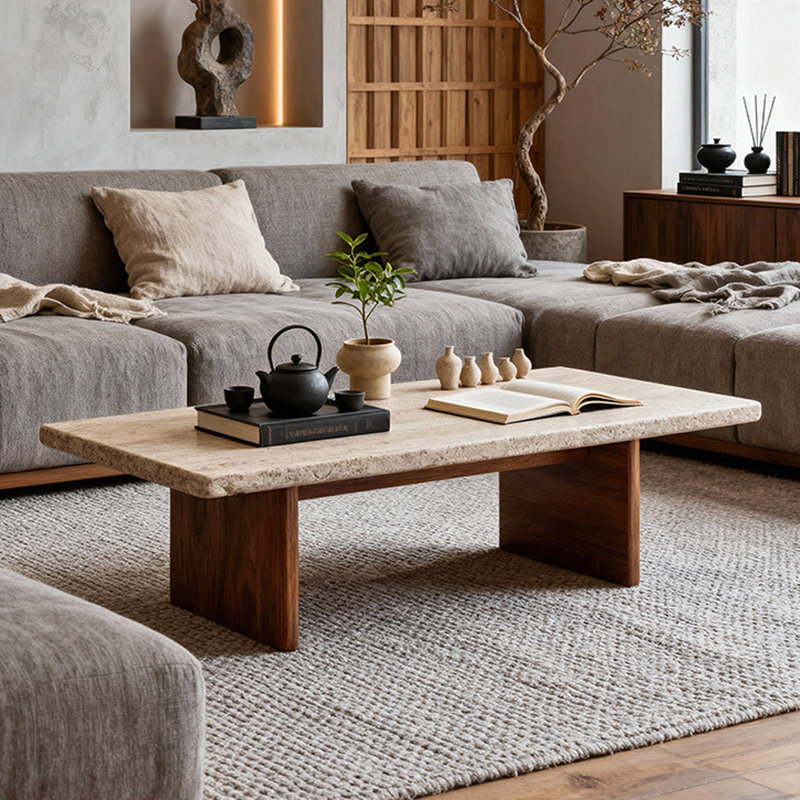 Stone Top Coffee Table with Solid Wood Legs, 13.78" H x 55.12" L x 19.68" W