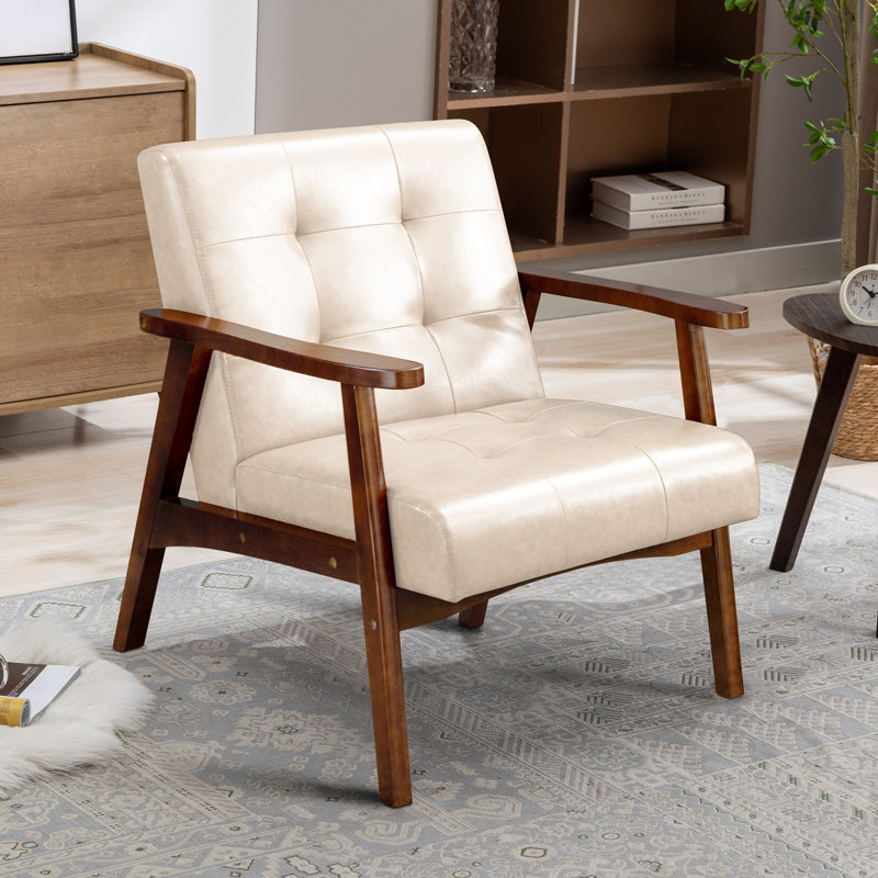 Havva 21.65'' Wide Tufted Artificial Leather Mid-Century Modern Armchair, Beige