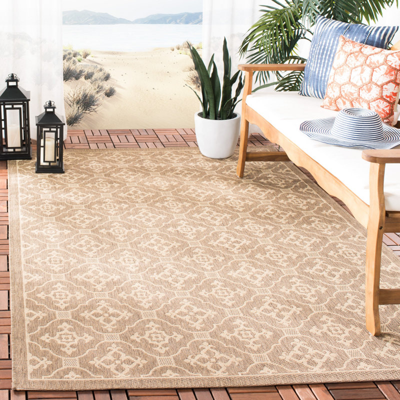 Aengus Geometric Brown/Creme Indoor/Outdoor Area Rug, Rectangle 6'7" x 9'6"