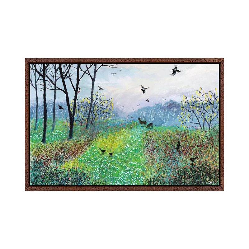 Snowdrop Copse by Jo Grundy - Painting on Canvas, 66.04cm H x 101.6cm W x 3.81cm D, Brown Framed