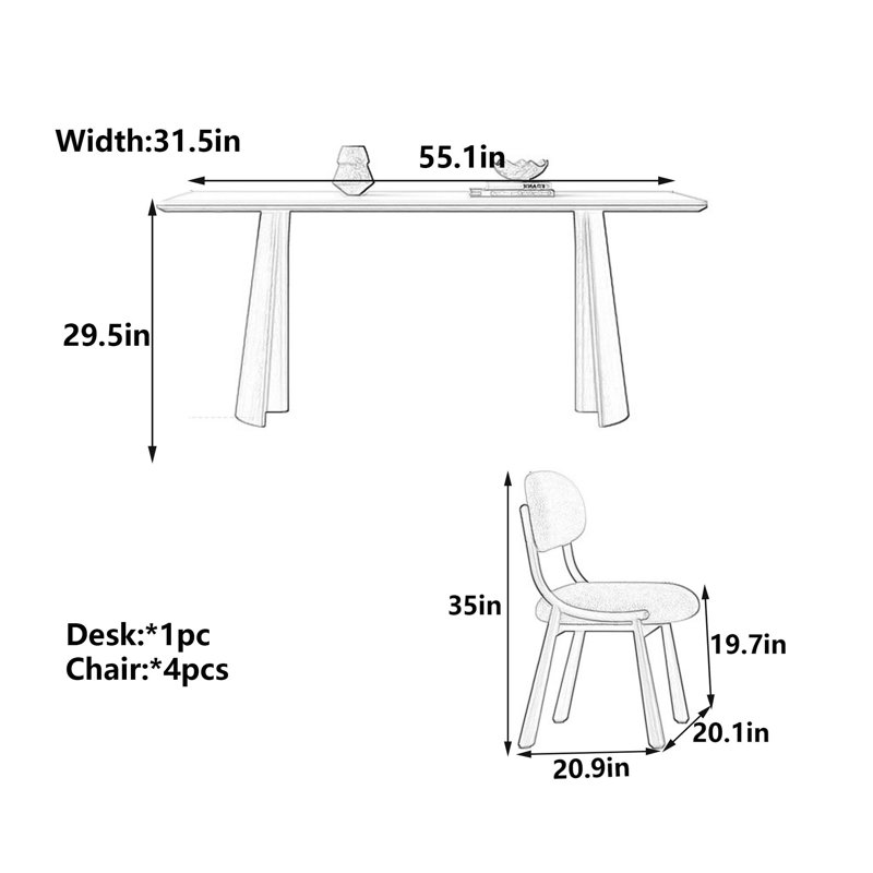 Tompkins, H 29,5 po x l 55,1 po x P 31,5 po, 5 pièces: table, 4 chaises