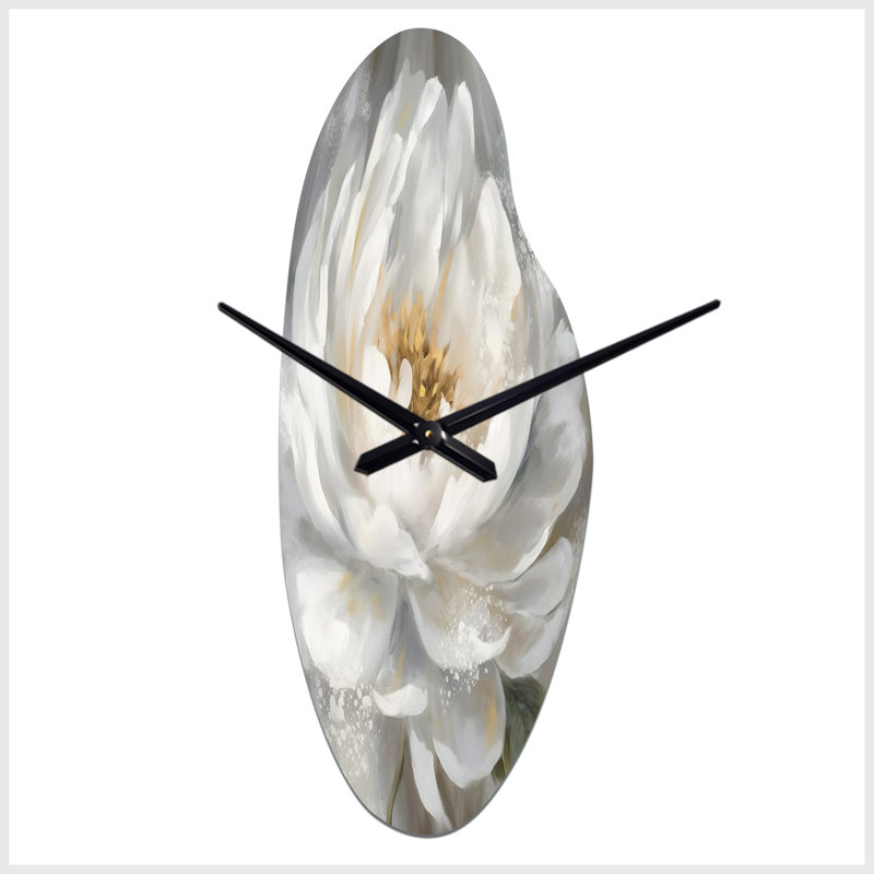 Blanc gris pivoines artistique - horloge murale asymétrique en métal pivoines, impression d'horloge murale blanche, Médium