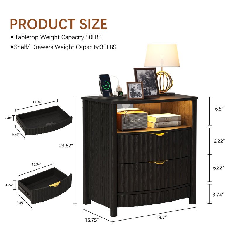 19.7"W 2 Drawer Nightstand With Light, Black Willow Wood