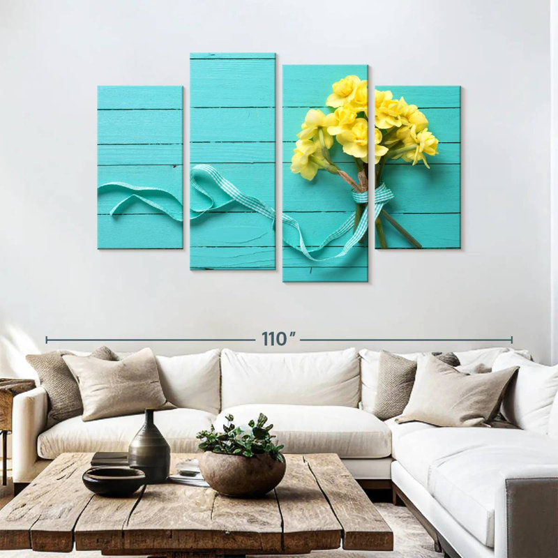 Bouquet de jonquilles Harnek sur fond bleu, H 54 po x l 84 po