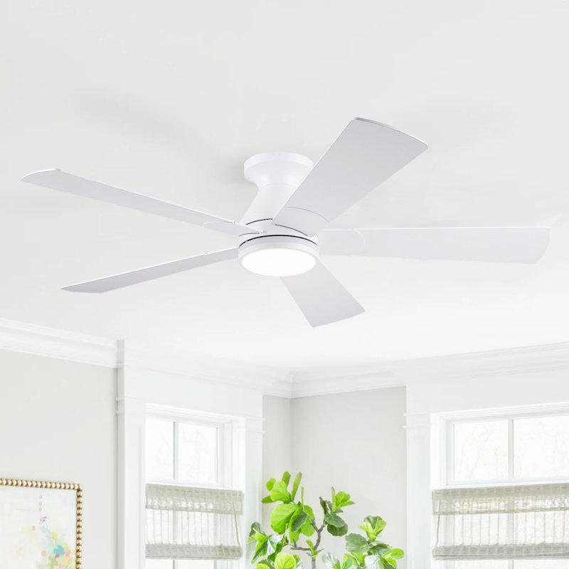 52" 5-blade Flush Mount Ceiling Fans With Lights and Remote, 6 Wind Speeds And Reversible, Modern Low Profile Fan Light For Indoor/covered Outdoor