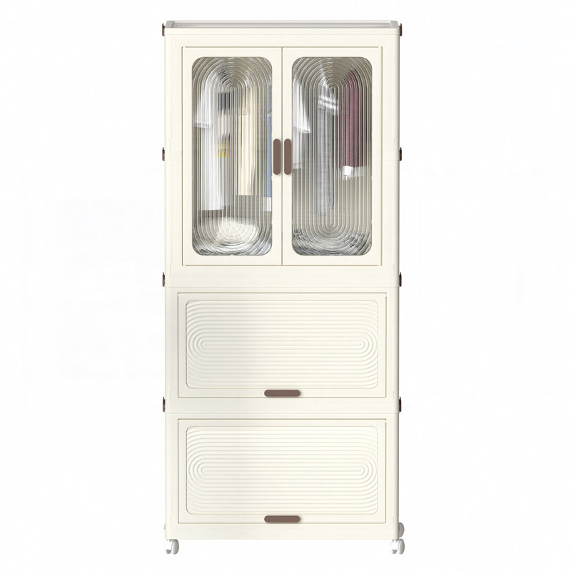 Portable Wardrobe Closet Storage Organizer For Clothes,Clothes Dresser, Magnetic Doors With Cubes &  Hanging Rod, Baby Wardrobe Storage Cabinet,White