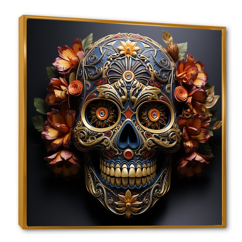 Or floral, crâne mexicain I - art mural crâne, H 16 po x l 16 po x P 1 po, Cadre flottant doré