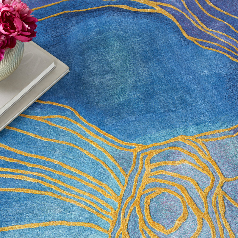 Tapis en viscose touffeté à la main bleu / mauve / jaune, Rectangle 7 pi 9 po x 9 pi 9 po