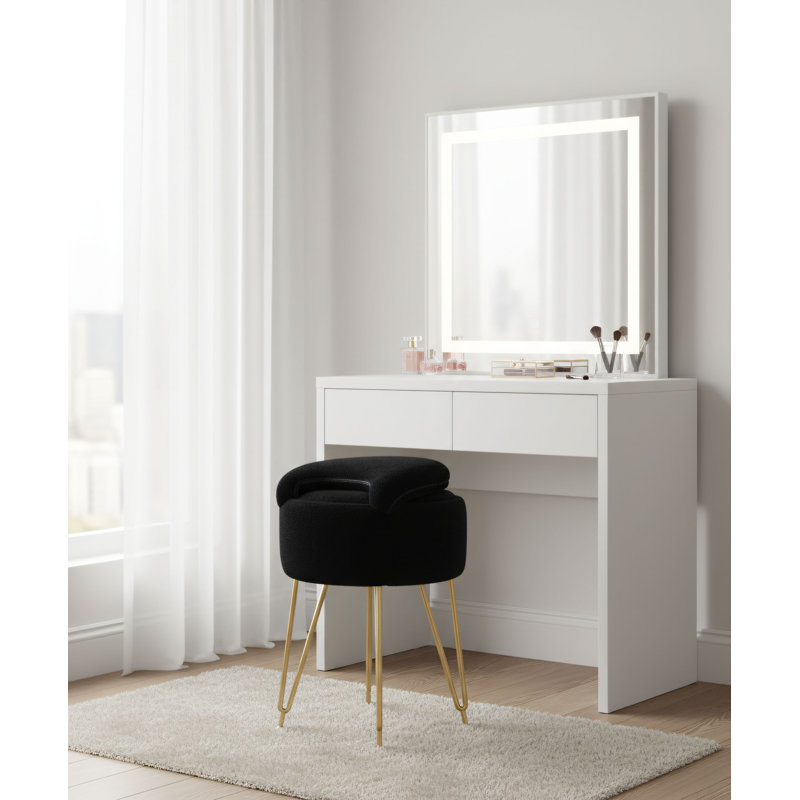 Black Folding Vanity Stool With Backrest, Faux Plush Cushion, Storage, Non-Slip Metal Legs, For Bedroom Use., Black