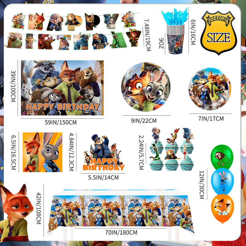 Décorations de fête d'anniversaire Zootopia, 112 pièces de fournitures de fête Zootopia et ensemble de vaisselle de fête pour enfants Zootopia