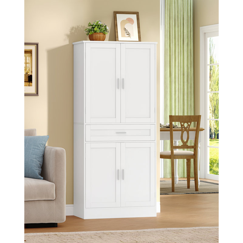 Kitchen Cupboard, Tall Kitchen Cabinet with 6-Tier Door Back Shelf, Sideboard Storage Cabinet with 4 Doors & 1 Large Drawer for Dining Room, Living Room, 40 x 80 x 180 cm, White