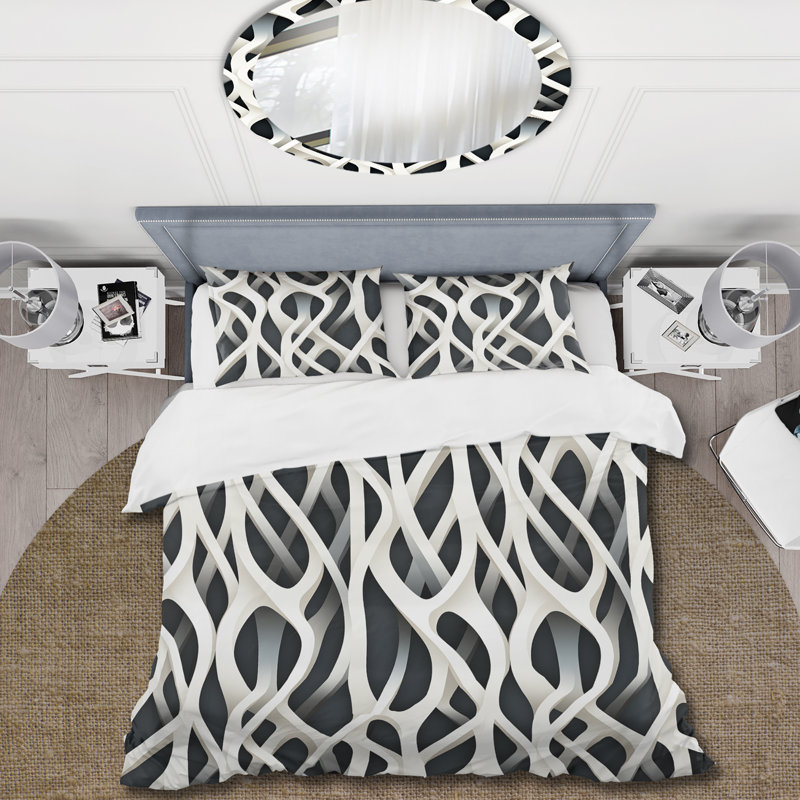 White And Black Minimalist Elegance Box Stitch Abstract Duvet Cover, King Duvet Cover + 2 King Shams