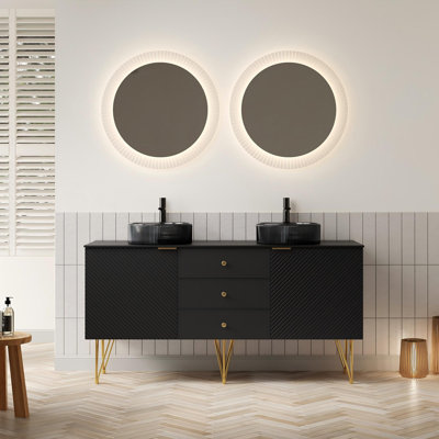 60" Modern Freestanding Bathroom Vanity With Dual Transparent Glass Vessel Sinks, Black Sintered Stone Top & Gold Metal Legs – Pre-Assembled