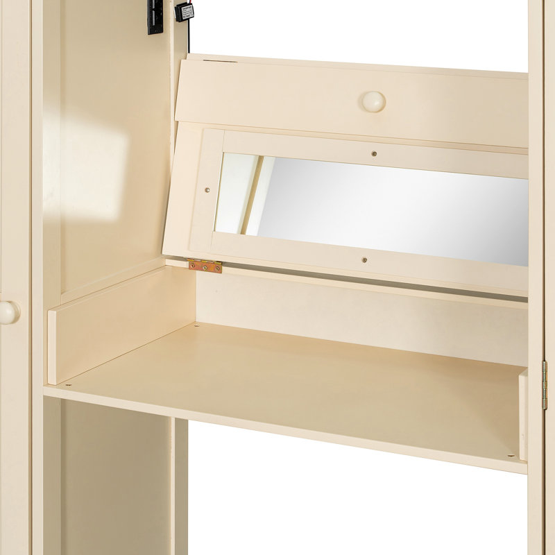 Lit mezzanine avec escalier de rangement, coiffeuse intégrée avec miroir et tiroir, garde-robe et armoires, ports et lumières de chargement USB