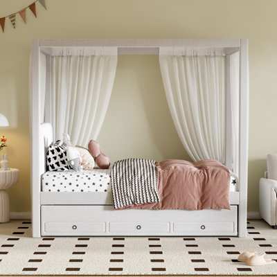 Lit plateforme double à baldaquin avec lit gigogne et tiroirs de rangement, un choix élégant et fonctionnel pour votre chambre à coucher