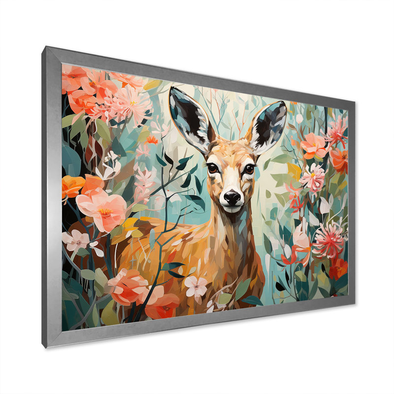 Fleurs de cerf roses et vertes - Art mural animal cerf, Cadre de coin fermé argenté, H 12 po x l 20 po x P 1 po