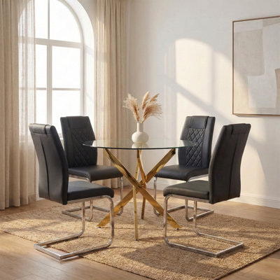 Ensemble de table de salle à manger ronde en verre pour 4 personnes, table de salle à manger en verre de 35,5 po avec pieds dorés, table de cuisine moderne pour la maison (table dorée et chaises noires)