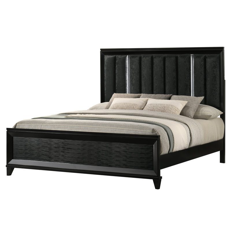Meuble-lit tapissier à panneau très grand 1pc avec lumières DEL et tête de lit à finition noire en bois massif, King
