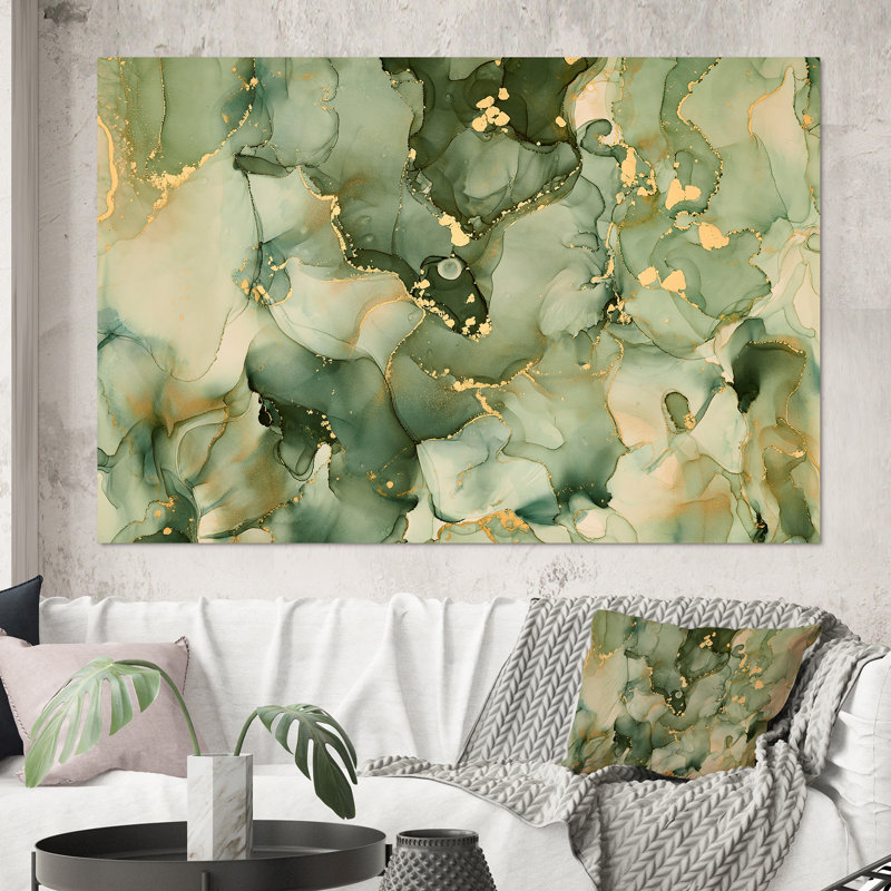 " Green Luxury Abstract Fluid Art I " by Designart, No Frame, 40" H x 60" W, Wrapped Canvas