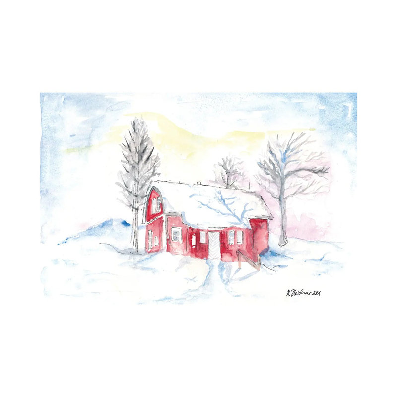 Afternoon Sun During Scandinavian Winter with Red House by Markus & Martina Bleichner - Wrapped Canvas Graphic Art 1 Piece Wrapped Canvas Wall Art