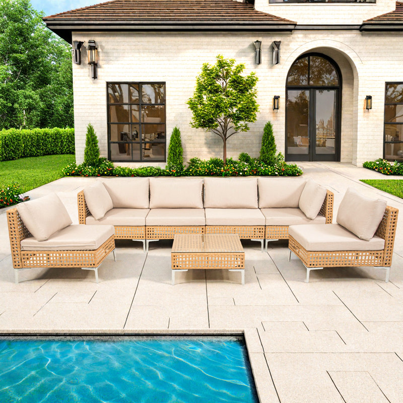 7 Piece Outdoor Sectional Sofa Set, All-Weather Patio Rattan Conversation Furniture Sets for Backyard, Poolside, Garden