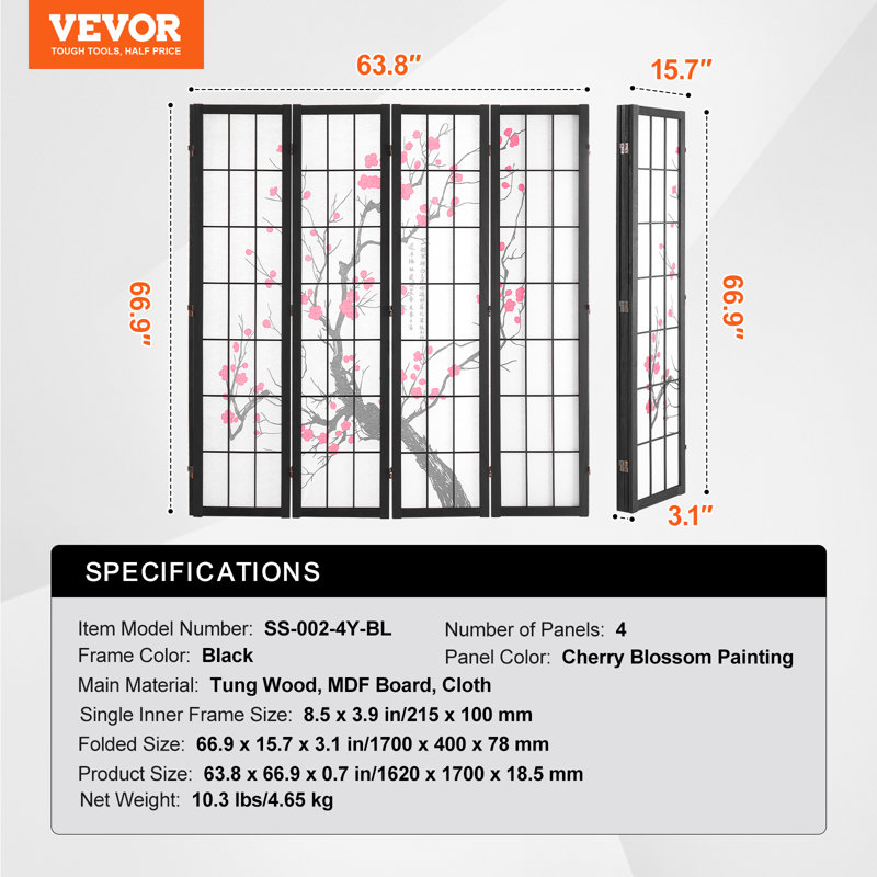 Room Divider, 4 Panel Japanese Room Divider Screen, Wood Folding Privacy Screen Indoor, Japanese Partition