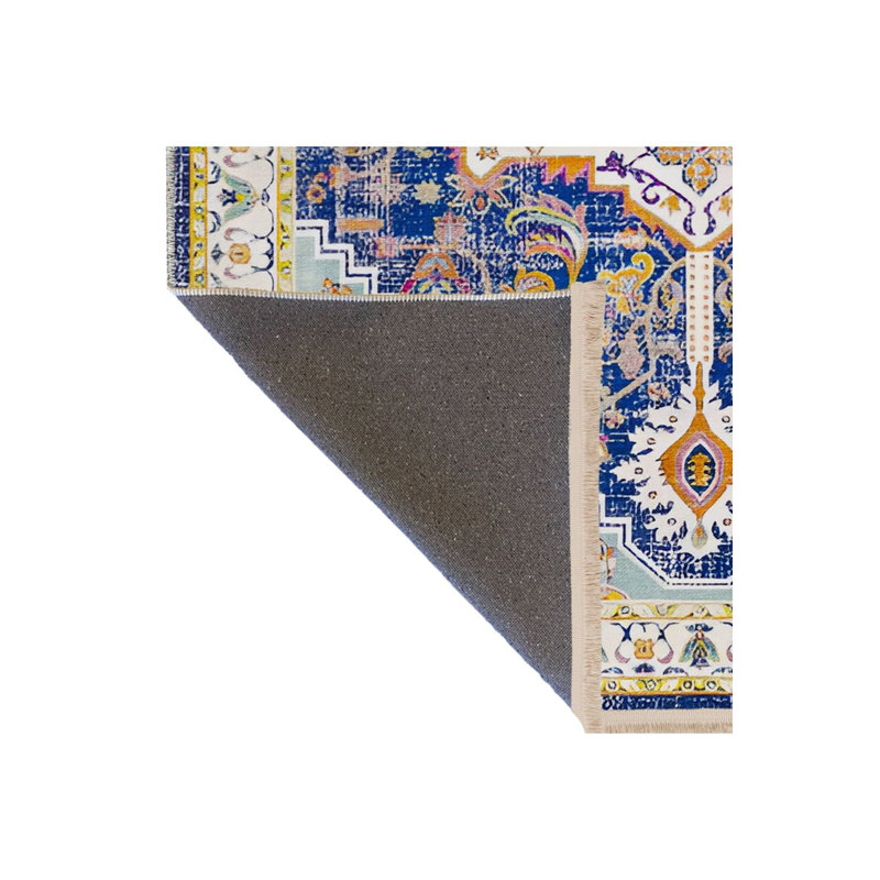 Tapis décoratif rétro à motif traditionnel lavable à la machine dans des tons de bleu et de jaune