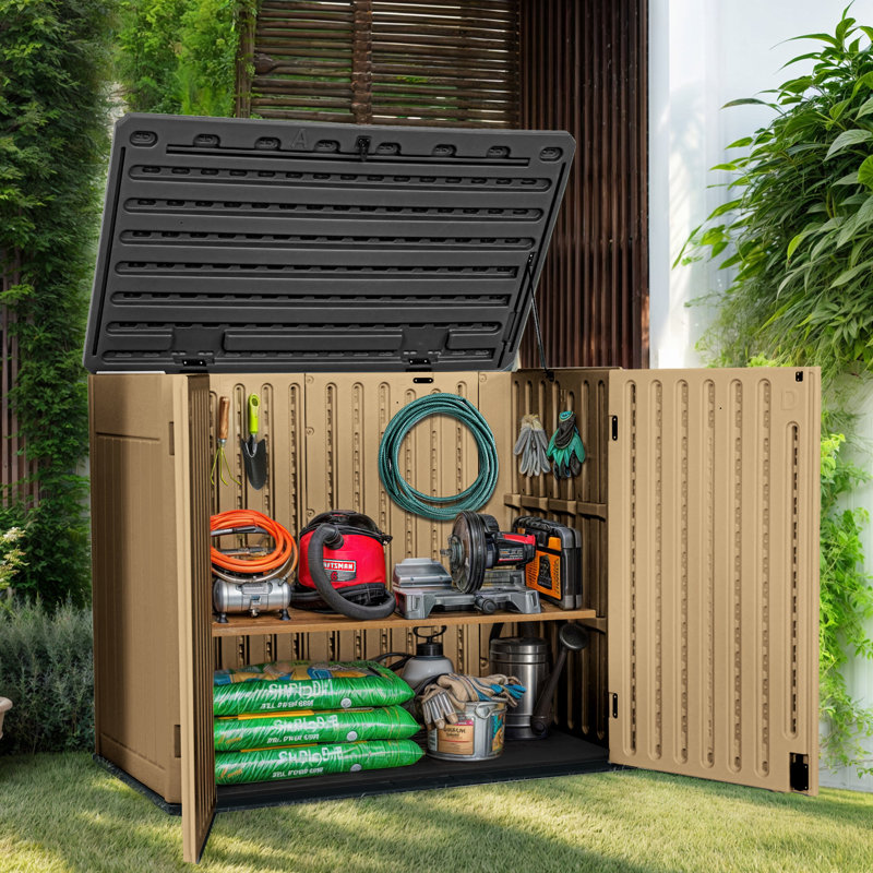 Outdoor Polyethylene Plastic Horizontal Storage Shed, 41.30" H x 51.10" W x 29.10" D , Black/Khaki