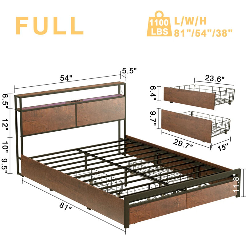 Lit double moderne Livia avec 4 tiroirs et tête de lit ouverte avec rangement, lampe DEL réglable et station de recharge, sommier non requis