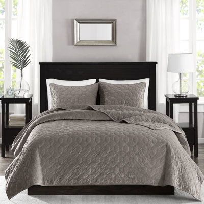 Courtepointe en velours 3 pièces taupe pour très grand / très grand motif géométrique, rembourrée de coton, chaleureuse, douce et confortable