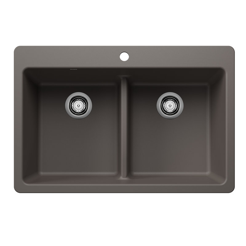 Liven SILGRANIT 33" 50/50 Double Bowl Dual Mount Kitchen Sink with Low Divide, Volcano Gray