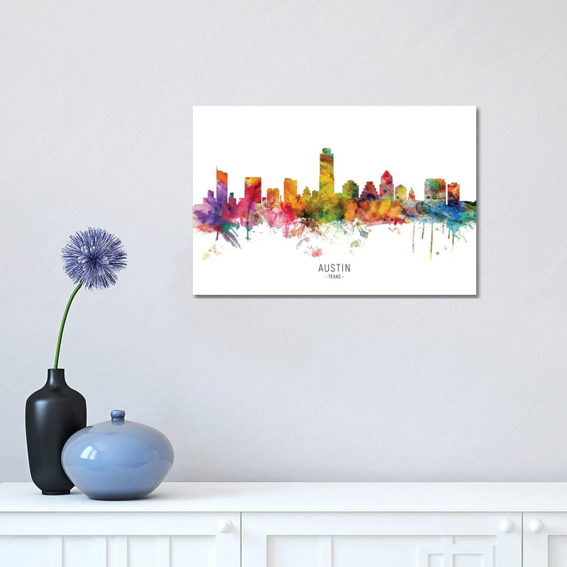 «Austin Texas Skyline» par Michael Tompsett - peinture sur toile tendue, H 12 po x l 18 po x 1,5 po
