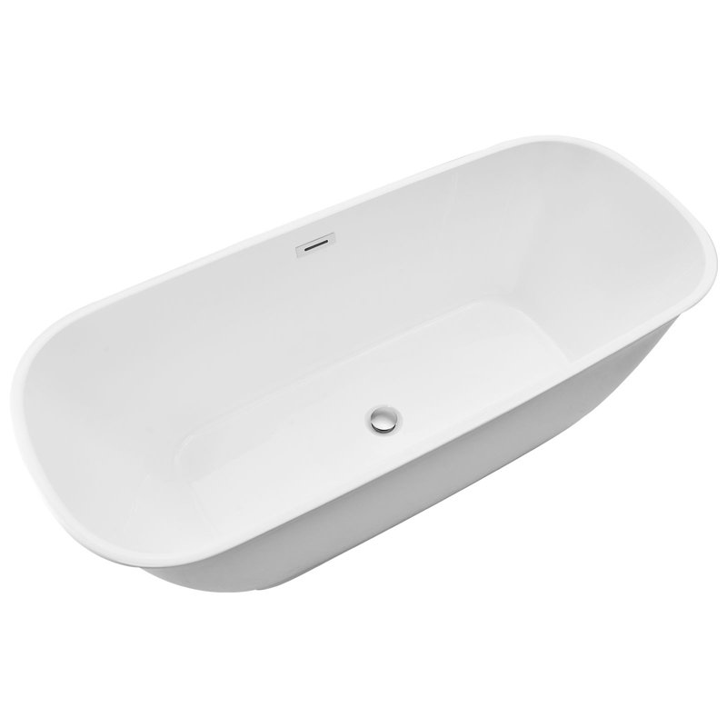 Acrylic Freestanding Bathtub, 67 Inch Contemporary Soaking White Tub with Polished Chrome Overflow and Drain, Elegant Oval Shape Stand Alone Soaker Tub for Modern Bathroom or Remodel Projects