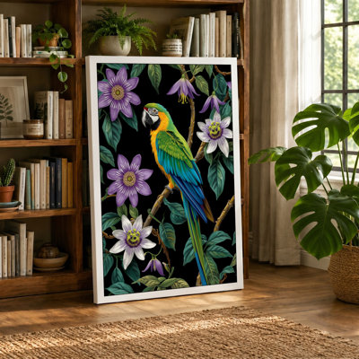 Macaw Among Passion Flowers Tropical - Wrapped Canvas