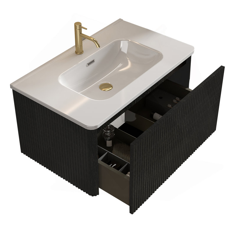 Meuble-lavabo flottant rayé en chêne noir brossé de 30 po avec lavabo en céramique blanche, meuble-lavabo pour salle de bain moderne, lavabo une pièce sans drain, pré-assemblé