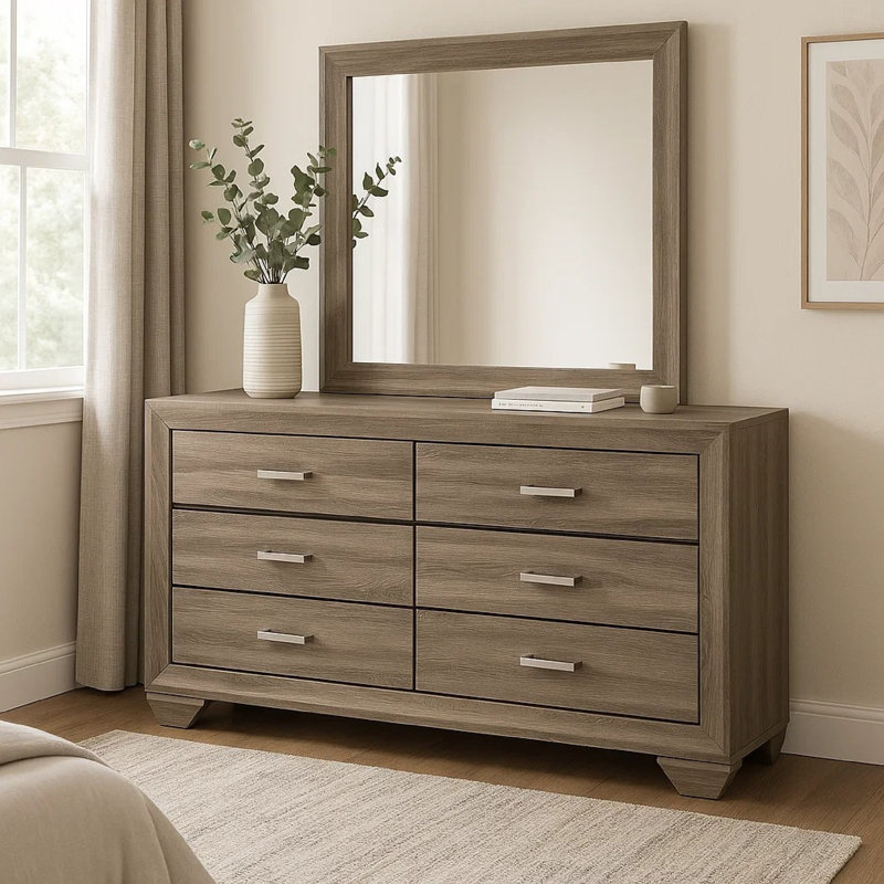 6-Drawer Dresser With Mirror Washed Taupe, Washed Taupe