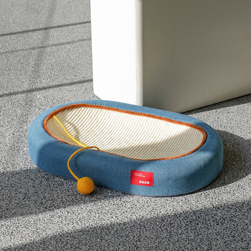  23" Denim-Style Cat Scratcher Lounge With Sisal Surface And Interactive Toy Ball