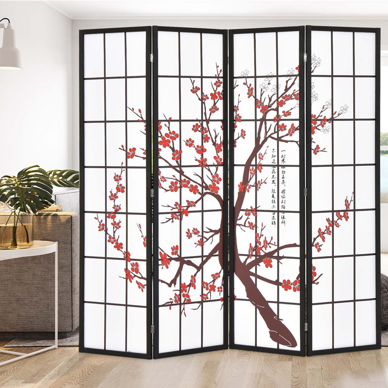 72'' W x 71'' H 4-Panel Solid Wood Folding Room Divider, Privacy Screen Partition for Bedroom, Living Room, Office and Shared Spaces