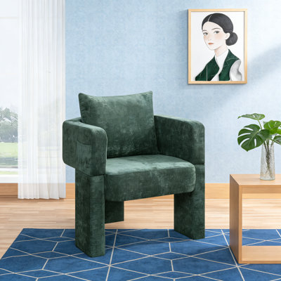 Modern 3-Leg Chenille Accent Chair with Ergonomic Arms & Removable Pillow, Plush Small Space Armchair, Single Sofa Chair for Living Room, Bedroom, Din