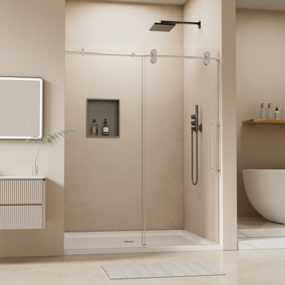 Porte de douche coulissante sans cadre, 101,6 - 106,7 cm (L) x 193 cm (H), en verre trempé de 8 mm d'épaisseur, avec revêtement nano facile à nettoyer, pour douche à l'italienne, ouverture et fermeture silencieuses, chromée.
