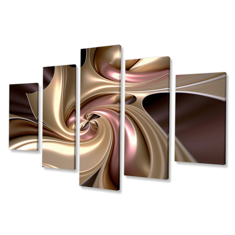 Spirale fleur en or rose rétro - art mural sur toile Fractals - 5 panneaux