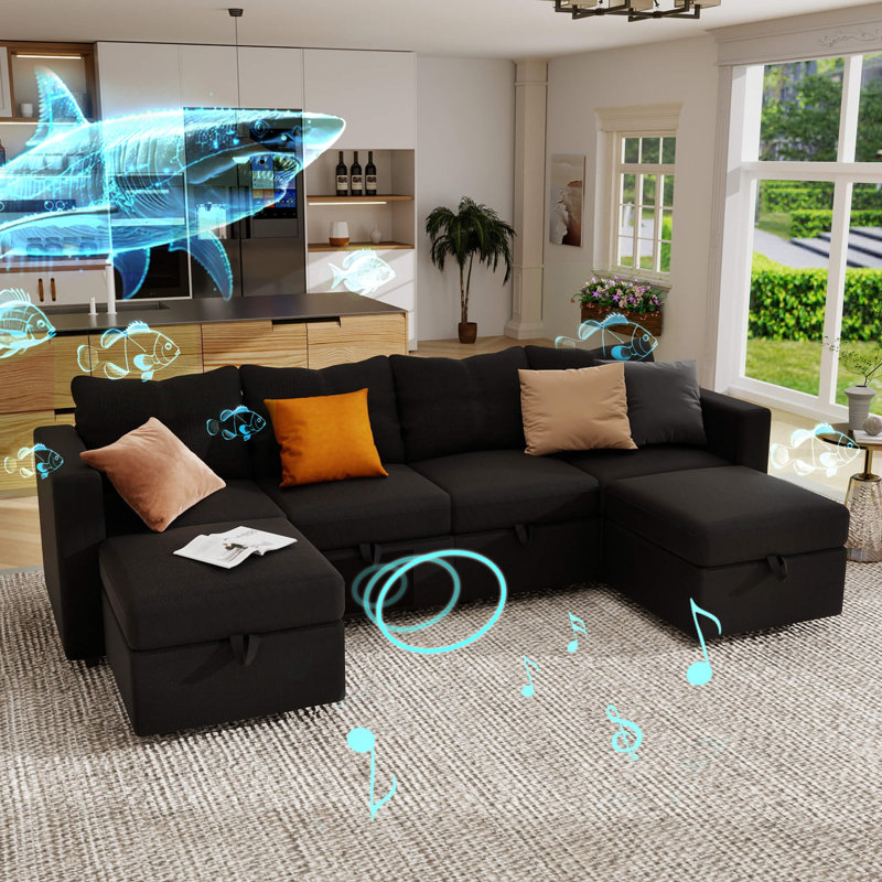 6-Seat Upholstered Sofa with Built-in Speaker, Modular Sectional Sofa with Ottoman, Sofa Couch with Storage,, Black