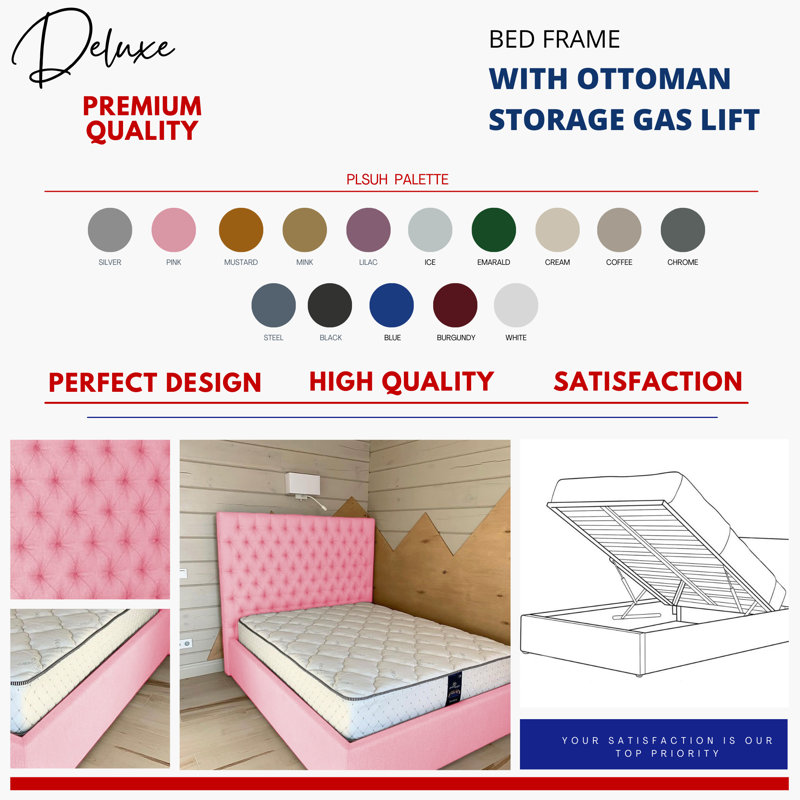 Upholstered Ottoman Storage Bed, Super King (6'), Pink