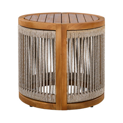  16.9" Round Acacia Wood Outdoor Side Table, Handwoven Rope Accent Patio End Table, Teak