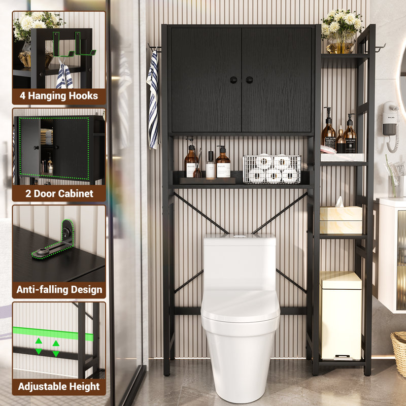 7 Tier Over The Toilet Storage Cabinet With Doors, Bathroom Organizer With Adjustable Shelf, Black