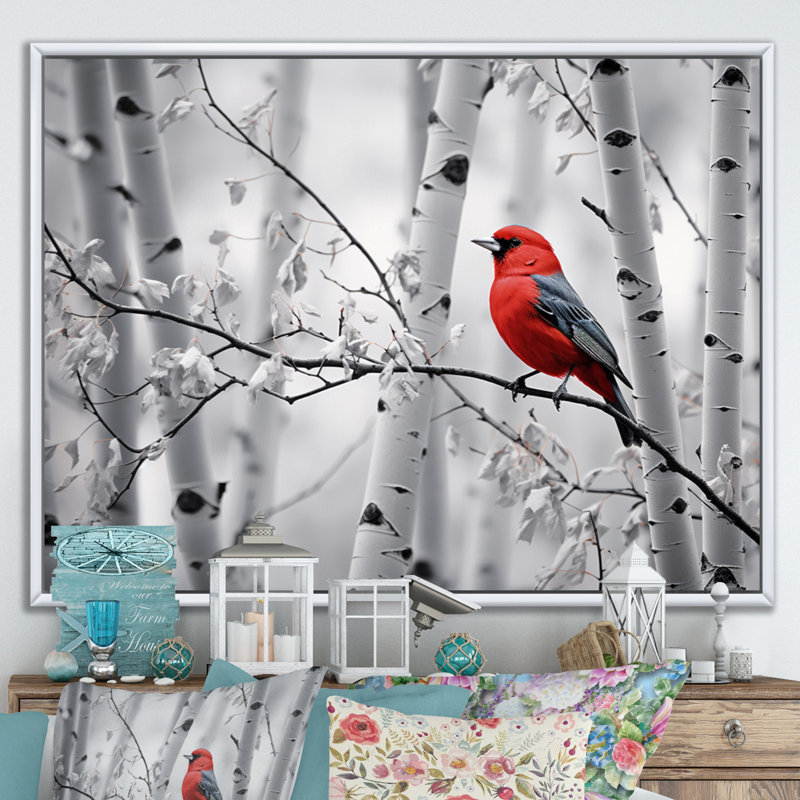 Martinella, oiseau rouge-gris en forêt II - impression, H 24 po x l 32 po x P 1 po, Cadre flottant blanc