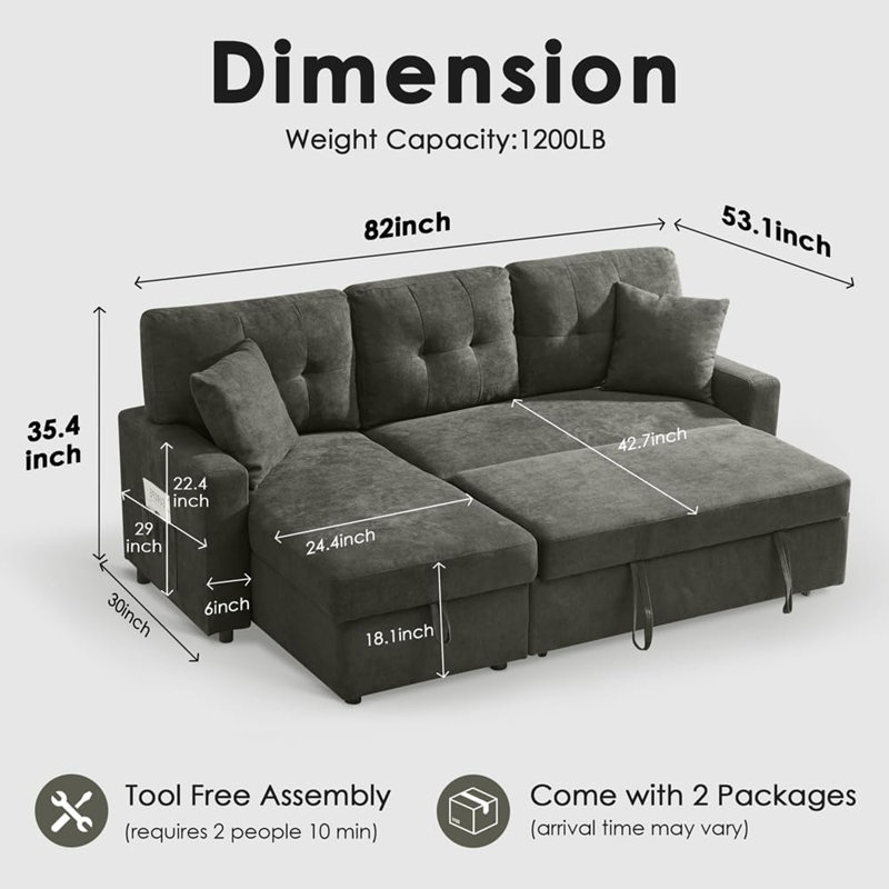 Canapé-lit en forme de L avec rangement, canapé-lit escamotable avec ports USB et Type-C, canapé-lit futon convertible