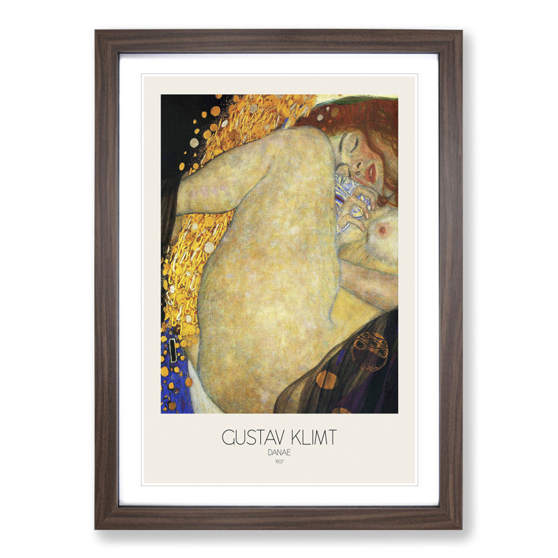 Danae with Border by Gustav Klimt - Picture Frame Painting, Walnut Framed, 36cm H x 27cm W x 2cm D